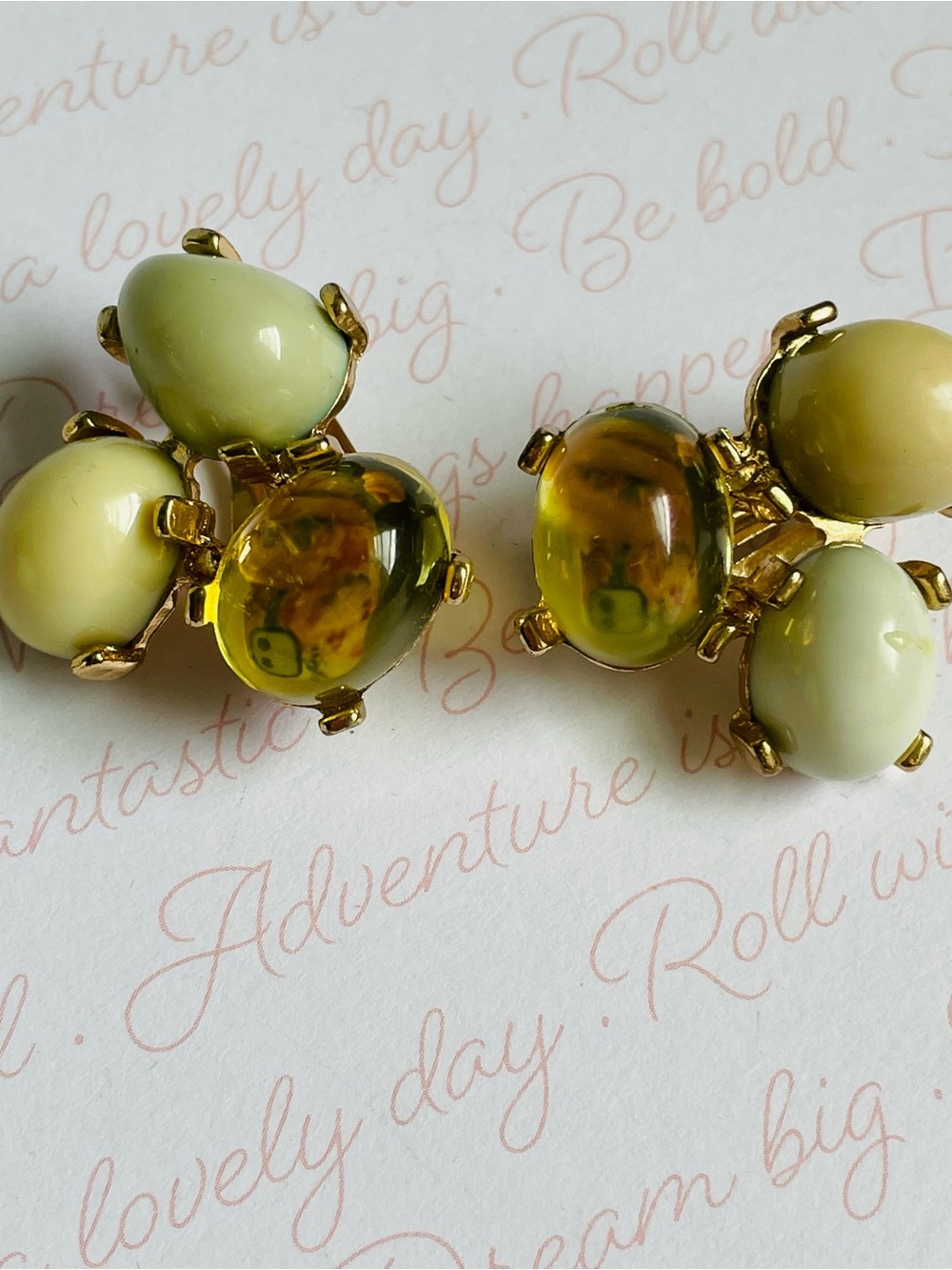 Vintage Gold-Tone Clip-On Earrings with Yellow and Cream Cabochons